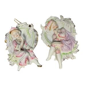 Majolica Wall Hangings Bisque Hand Painted 6” Japan VTG 50s-60s Couple Plaques